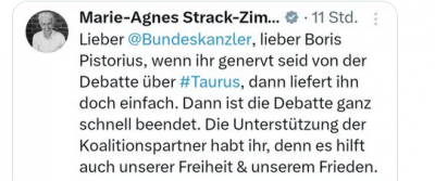 Screenshot 2024-02-02 at 07-31-20 Marie-Agnes Strack-Zimmermann auf X „Lieber @Bundeskanzler lieber Boris Pistorius wenn ihr genervt seid von der Debatte über #Taurus dann liefert ihn doch einfach. Dann ist die Deb[...].png