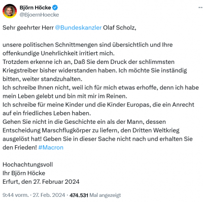 Screenshot 2024-02-29 at 14-13-18 Björn Höcke auf X „Sehr geehrter Herr @Bundeskanzler Olaf Scholz unsere politischen Schnittmengen sind übersichtlich und Ihre offenkundige Unehrlichkeit irritiert mich. Trotzdem er[...].png