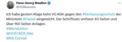 Screenshot 2024-03-31 at 13-47-01 (1) Hans-Georg Maaßen auf X „Ich habe gestern Klage beim VG Köln gegen den #Verfassungsschutz der Ministerin #Faeser eingereicht. Der Schriftsatz umfasst 40 Seiten und über 160 Sei[...].png